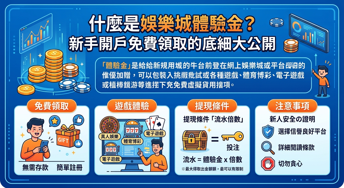 這張圖表詳細解析了「娛樂城體驗金」的概念,說明新人註冊免費領取優惠、體驗多元遊戲的流程與優勢。 同時圖中也特別提醒玩家注意提現條件(如流水倍數限制)與平台的安全性,幫助新手在嘗試前全面掌握底細。