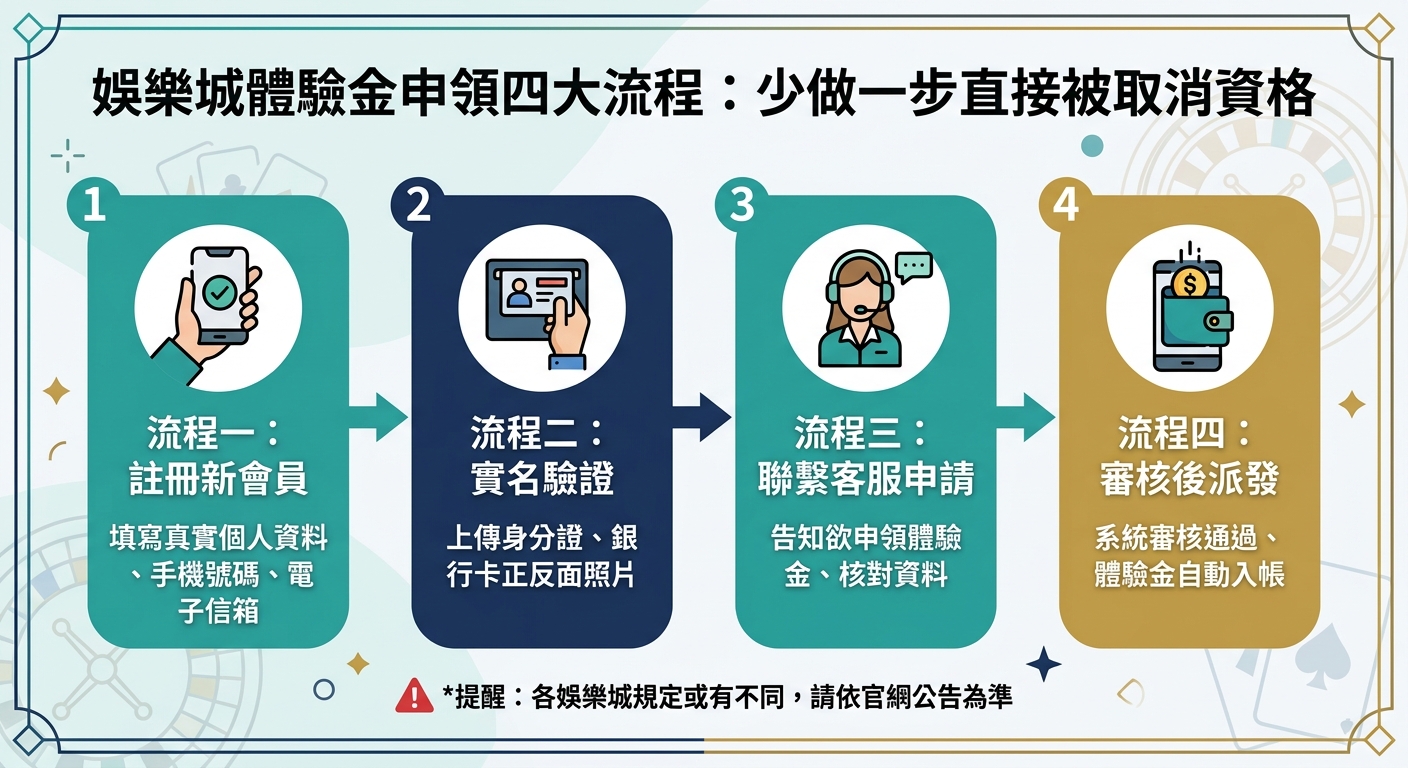 這張圖片以清晰的圖解流程展現「娛樂城體驗金申領四大流程」,包含註冊會員、實名驗證、聯繫客服與審核派發等步驟。 整體視覺採用藍綠與金色調搭配簡約圖示,旨在提醒使用者按部就班完成申請以避免被取消資格。