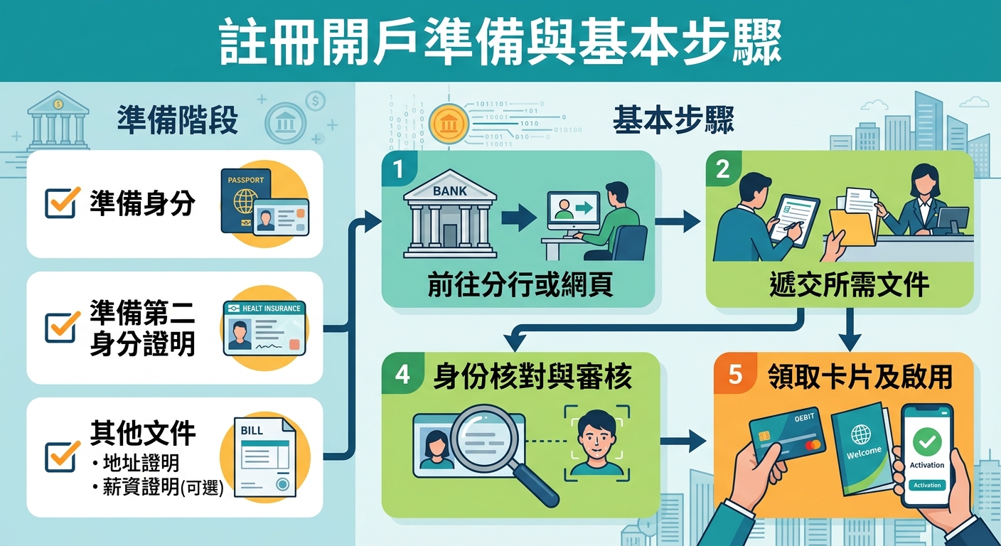 這張圖片是以藍綠色調為主的開戶流程圖,展示了從準備身分證明文件到完成審核與領取卡片等步驟。 整體設計採用現代簡約的扁平化插圖風格,清晰呈現了開戶所需的準備階段與基本流程。