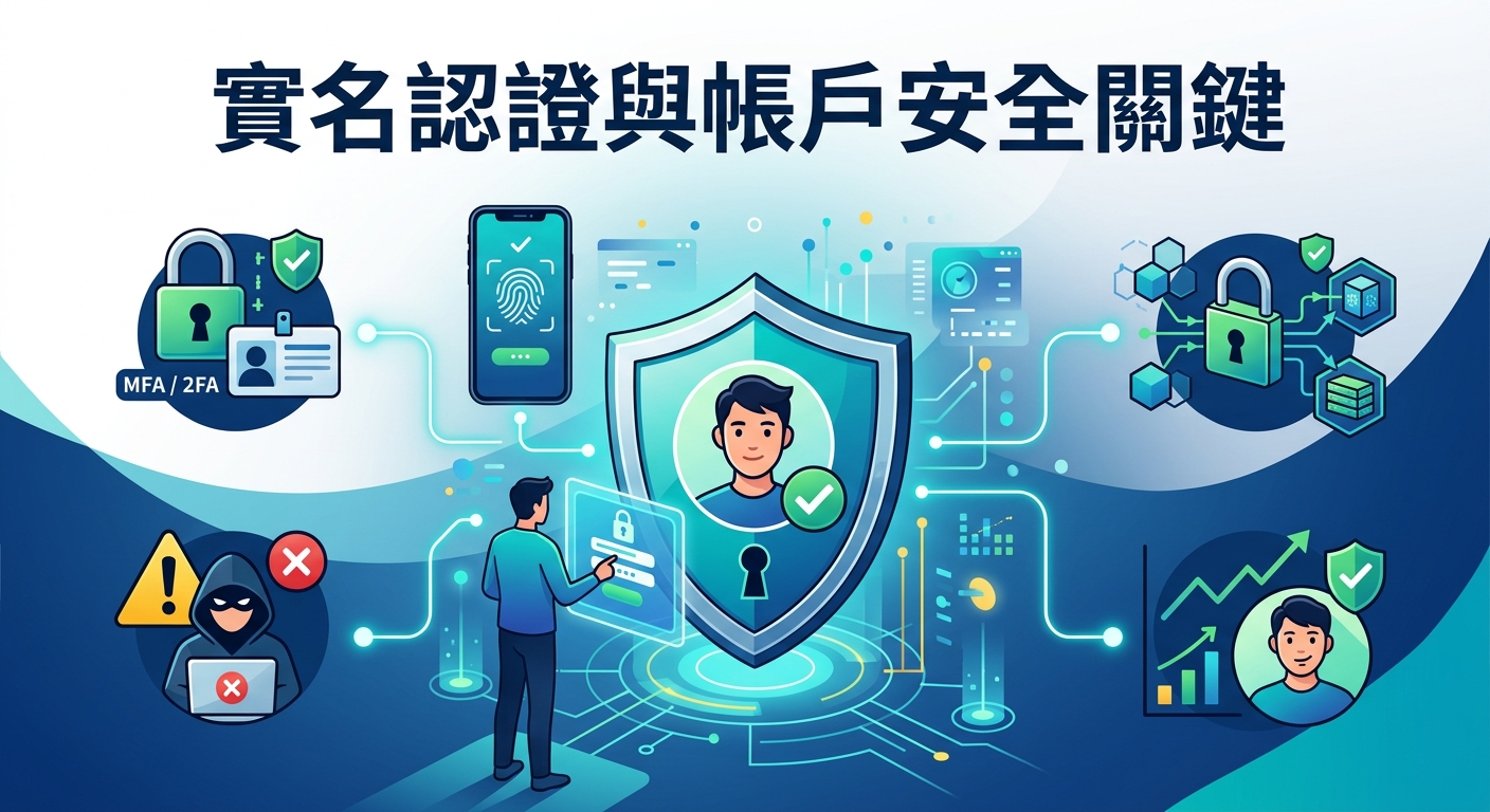 這張圖像是關於實名認證與帳戶安全的數位插圖,畫面中央有一個帶有用戶頭像與綠色勾號的防護盾牌。 整體設計結合了生物辨識、雙重驗證(MFA/2FA)以及防範網路攻擊等安全元素,頂部標有繁體中文標題「實名認證與帳戶安全關鍵」。